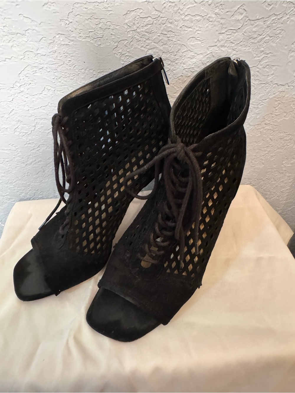 Vince Camuto Black Laser-Cut Lace-Up Peep Toe Booties